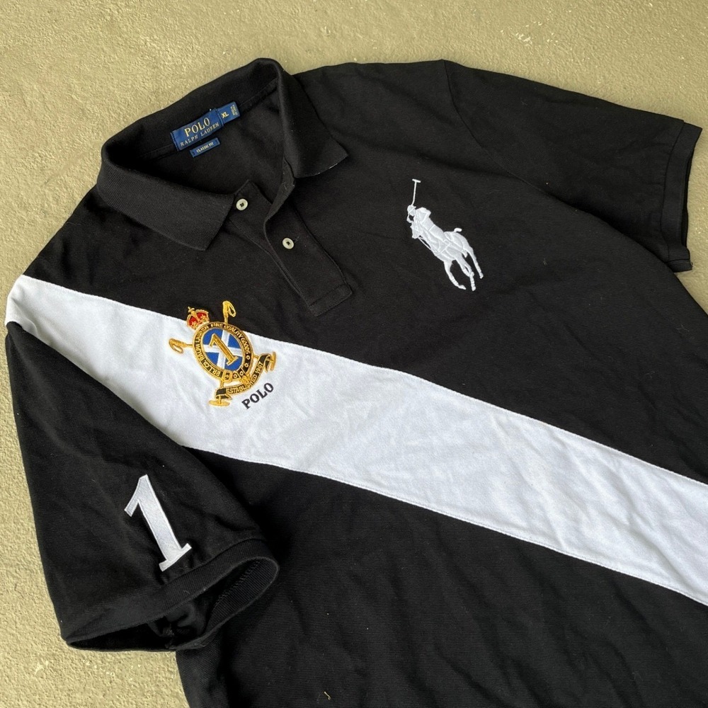 Polo Ralph Lauren Mens XL Black White Sash Big Pony Crest Classic Fit Polo Shirt - Picture 4 of 6